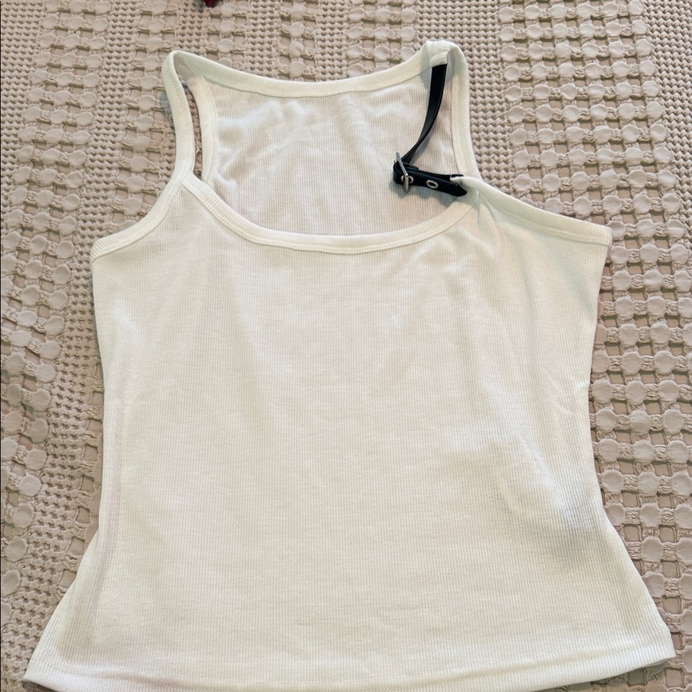 Asymmetric Cream Ribbed Tank with Adjustable Strap
